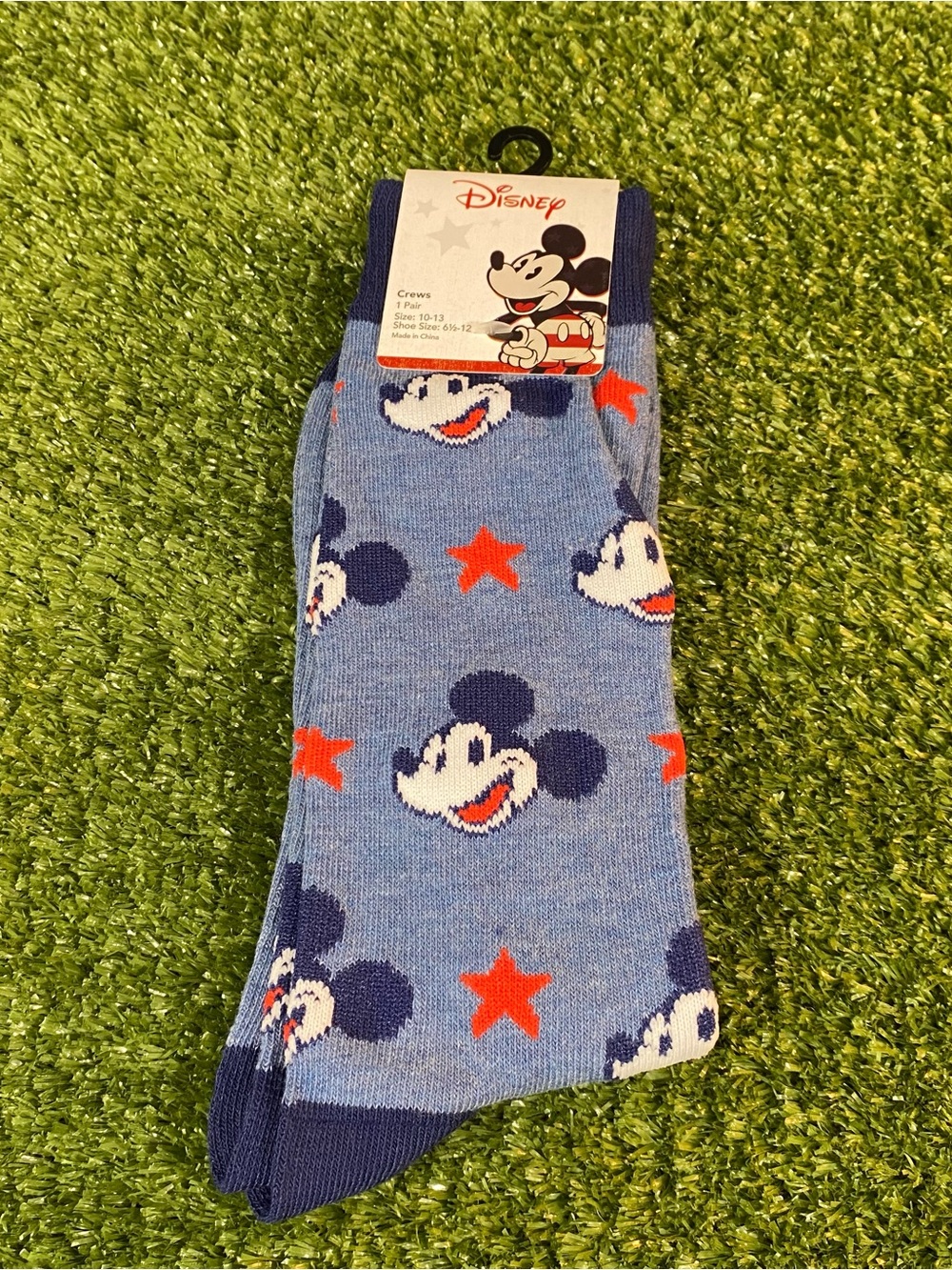 Mens Disney Mickey Mouse Novelty Dress Crew Socks Blue with Red Stars Size 10-13